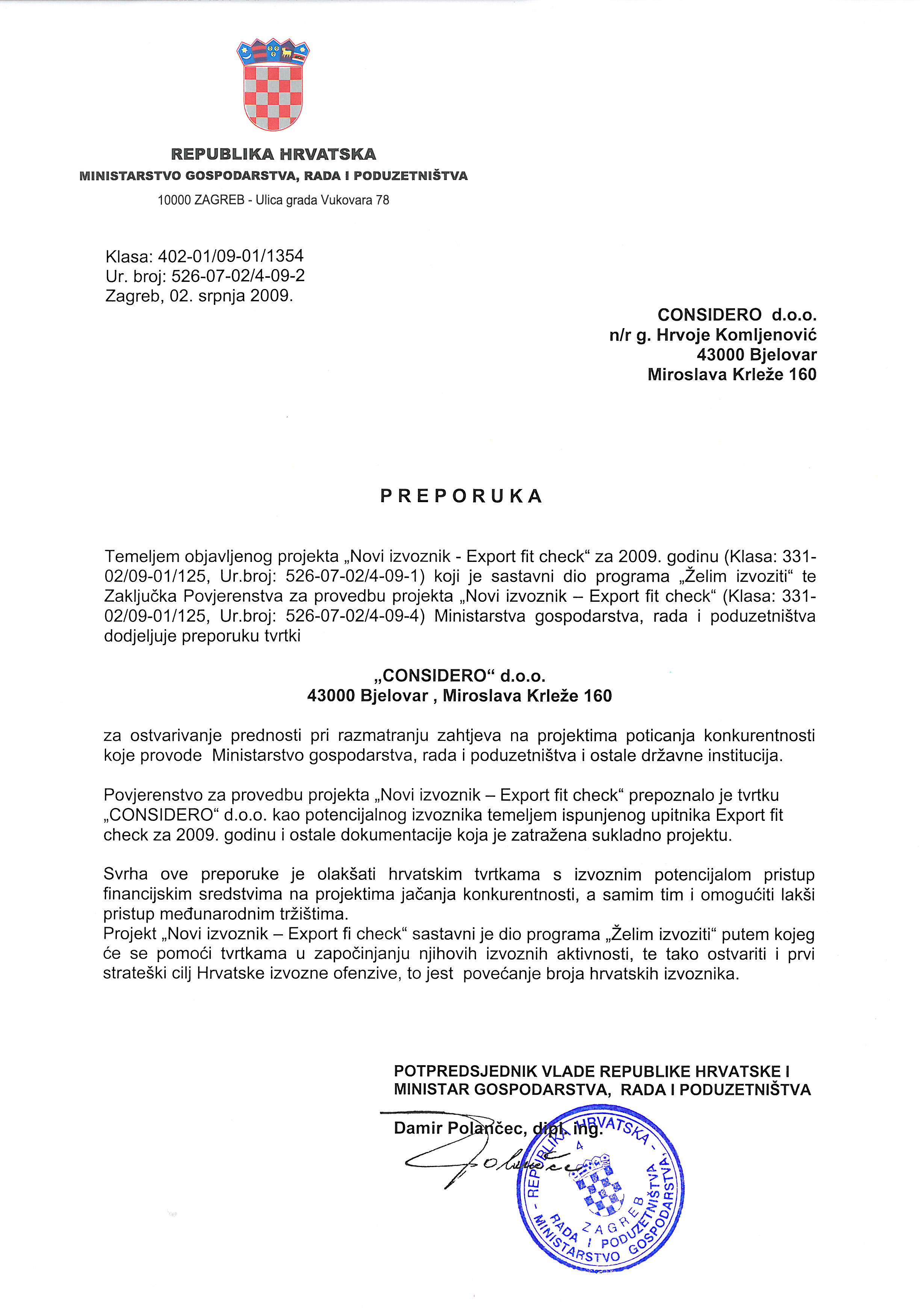 Preporuka Ministarstva gospodarstva, rada i poduzetništva - Considero "Novi izvoznik"